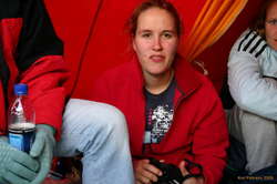 Helen in a tent on the rafting trip