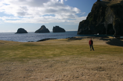 Karl standing on a golfcourse by the sea