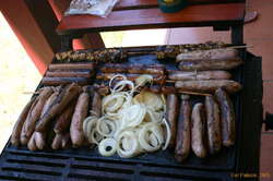 Sausages and onions!  and meats on sticks!