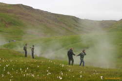 Rakel and Nicky, Jón and Os, adrift in a sea of cotton grass and steam