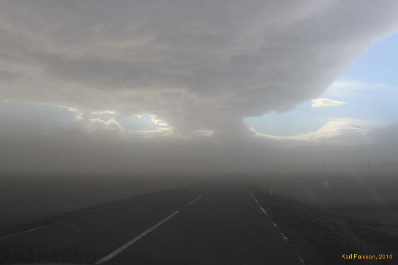 Blowing ash clouds near Skógarfoss